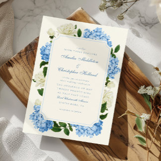 Invitation Fleurs d'hortensia bleues et roses blanches pour u