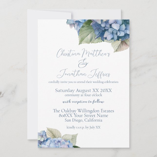 Invitation Fleurs d'hortensia bleues romantiques (Devant)