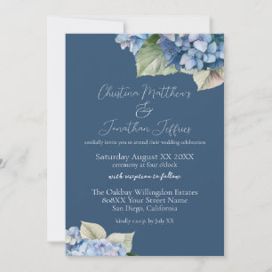 Invitation Fleurs d'hortensia bleues romantiques sur fond mar
