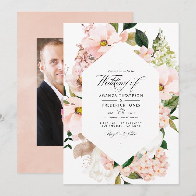 Invitation Fleurs d'hortensia rose pastel pour mariage (Devant / Derrière)