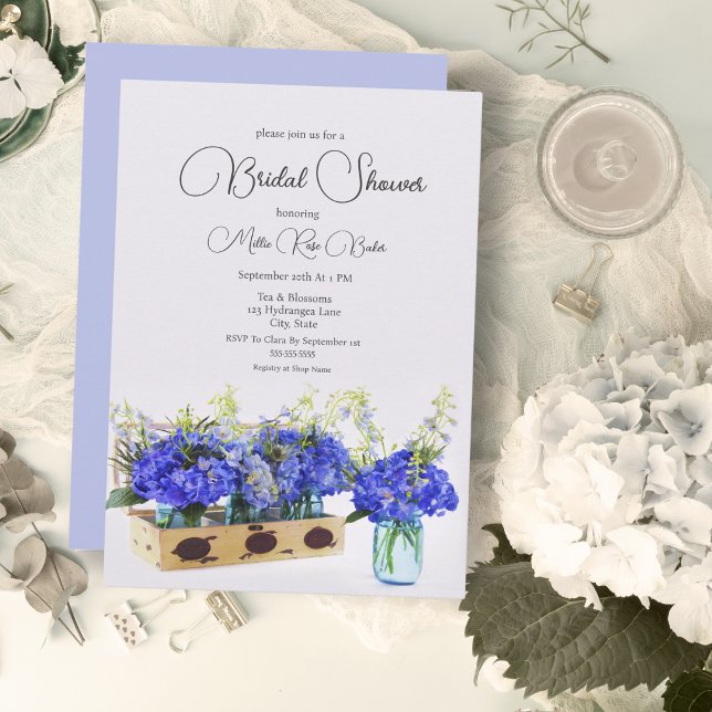 Invitation Fleurs d'Hydrange Bleue Boîte Vintage Éventail de  (Timeless Elegance: Vintage Hydrangea Bridal Shower Invitation )