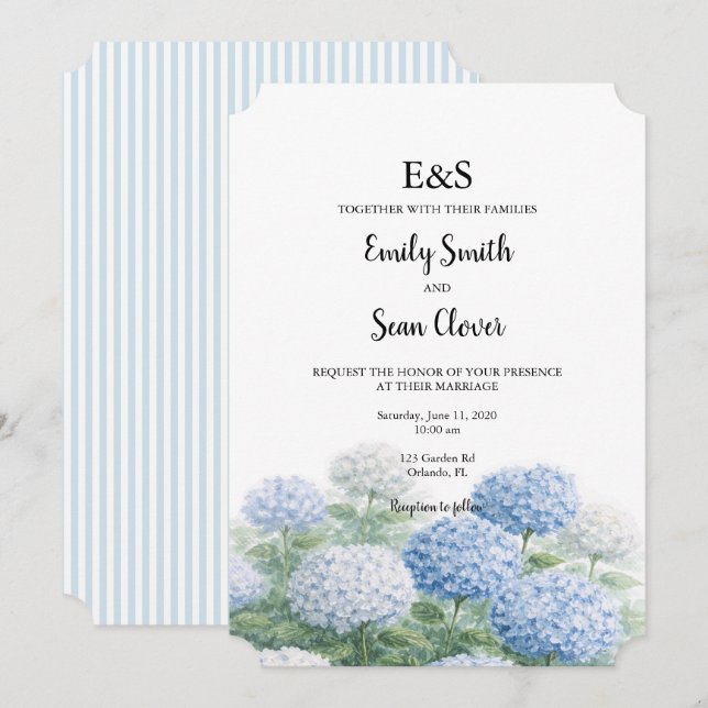 Invitation Fleurs d'Hydrangea Bleu Jardin Mariage Monogramme (Devant / Derrière)