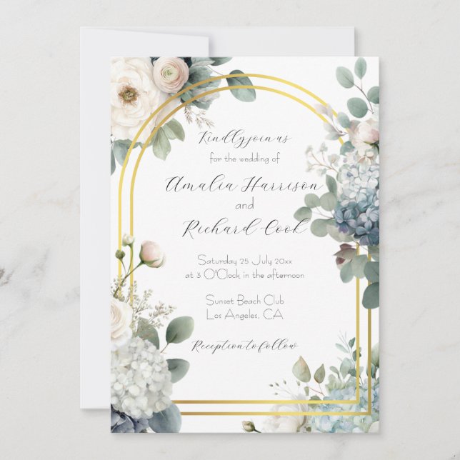 Invitation Fleurs d'hydrangea bleu poussiéreux Mariage person (Devant)