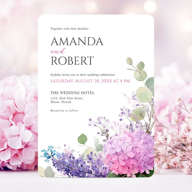 Invitation Fleurs d'hydrangea rose aquarelle Mariage élégant (Pink Hydrangea Flowers Watercolor Elegant Wedding Invitation)