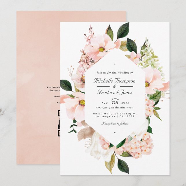 Invitation Fleurs d'hydrangea rose poudré Code QR RSVP Mariag (Devant / Derrière)