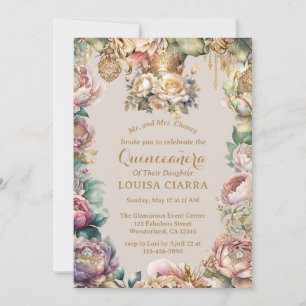 Invitation Fleurs diamant de Couronne or Quinceanera
