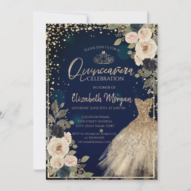 Invitation Fleurs,Diamants,Robe Bleue Quinceañera (Devant)