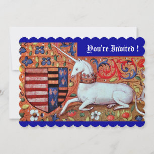 INVITATION FLEURS D'IMAGINAIRE MÉDIÉVAL UNICORNE, FLEURS BLEU