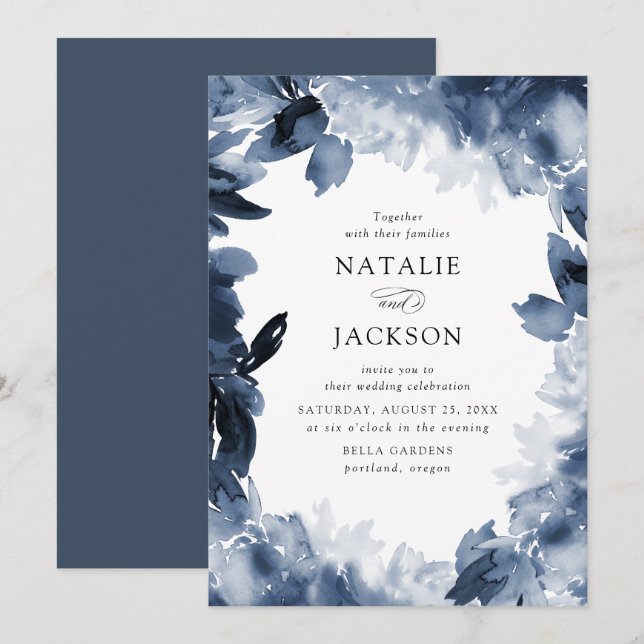 Invitation Fleurs d'Indigo Abstraites | Mariage (Devant / Derrière)