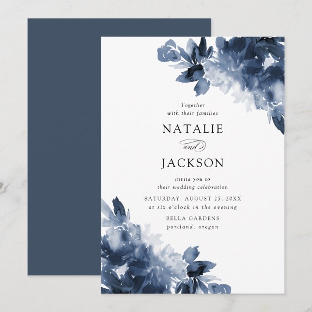 Invitation Fleurs d'Indigo Abstraites | Mariage (Devant / Derrière)