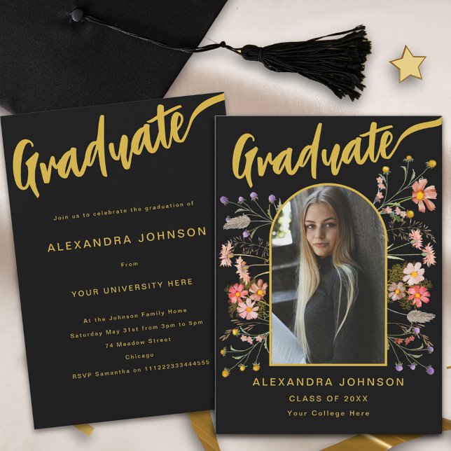 Invitation Fleurs diplômé photo or script or graduation party (Boho floral stylish gold script graduate photo black graduation party invitation )