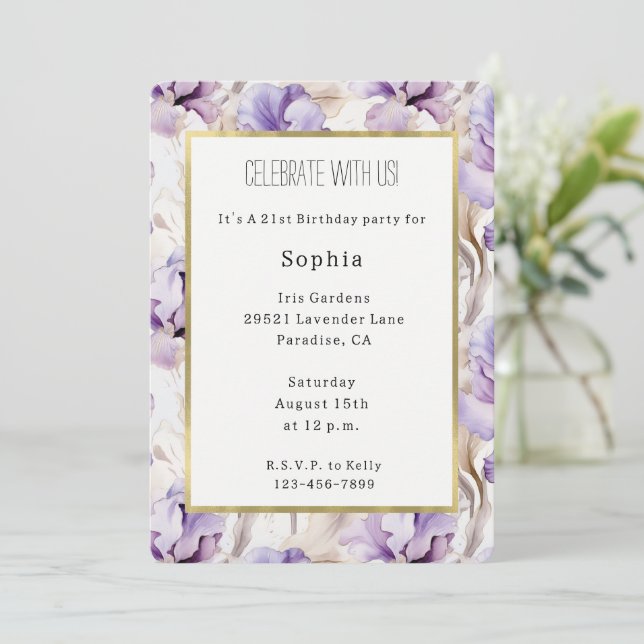 Invitation Fleurs d'Iris Crème Violette Lavande Anniversaire (Debout devant)