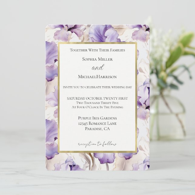 Invitation Fleurs d'Iris Crème Violettes Lavande Mariage (Debout devant)
