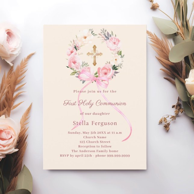 Invitation Fleurs d'ivoire rosé arc en croix Première Communi (Créateur téléchargé)