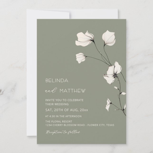 Invitation Fleurs d'Ivoire Vert Sauge Mariage Casual (Devant)