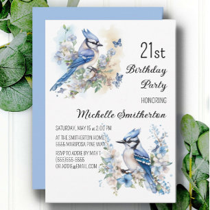 Invitation Fleurs d'oiseau geai bleu Printemps 21e anniversai