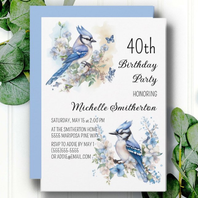 Invitation Fleurs d'oiseau geai bleu Printemps 40e anniversai (Blue jay and butterflies 40th birthday party customizable invitation for women)