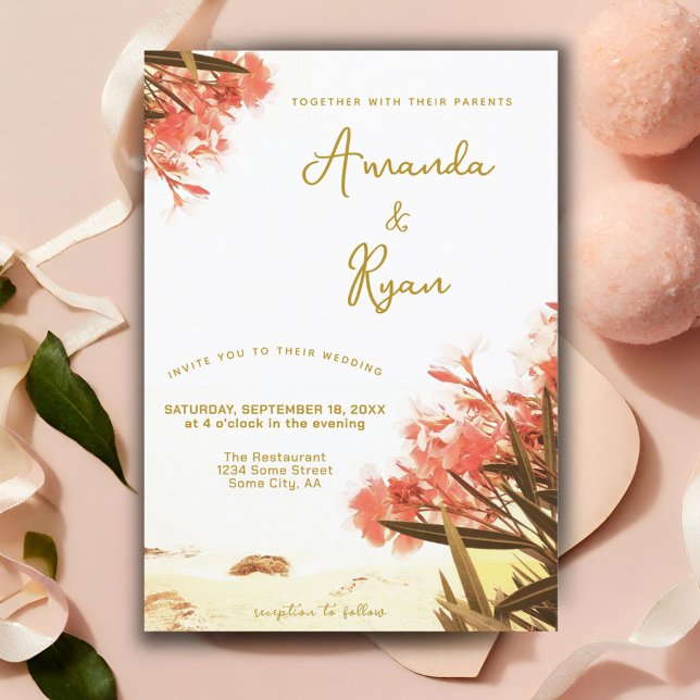 Invitation Fleurs d'oléandre orange sur le mariage à la plage (Créateur téléchargé)