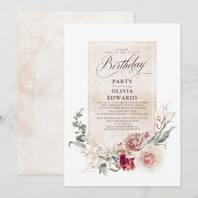 Invitation Fleurs d'ombre Terre Boho Élégante fête d'annivers (Devant / Derrière)