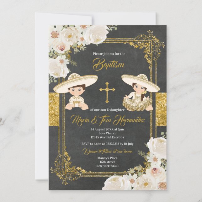 Invitation Fleurs d'or blanches du Baptême mexicain Fiesta Tw (Devant)