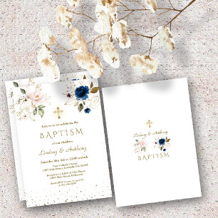 Invitation Fleurs d'or bleu rose Whimsical Twins Baptême