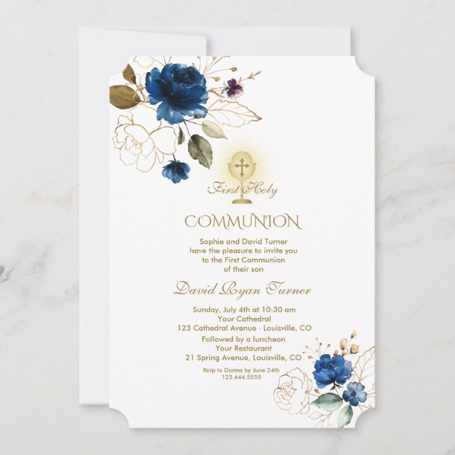 Invitation Fleurs d'or bleu unique Première Communion sainte (Devant)
