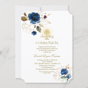 Invitation Fleurs d'or bleu unique Première Communion sainte