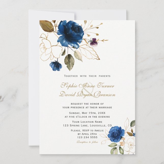 Invitation Fleurs d'or Bleu Whimsical Mariage Monogramme (Devant)