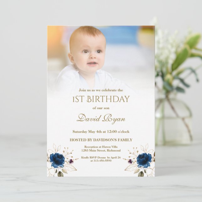 Invitation Fleurs d'or Bleu Whimsical Photo Boy 1er anniversa (Debout devant)