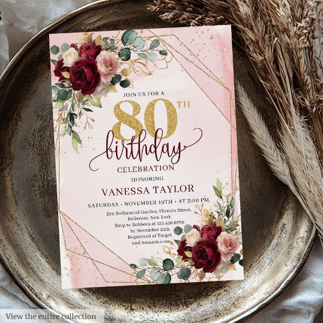 Invitation Fleurs d'or de marsala boho glamour 80e anniversai (Glamorous boho marsala gold flowers 80th birthday invite

)