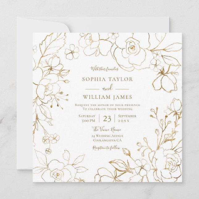 Invitation Fleurs d'or Elégant Mariage blanc moderne Invita (Devant)