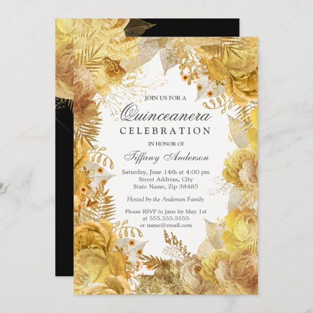 Invitation Fleurs d'or élégantes Quinceanera (Devant / Derrière)