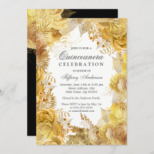 Invitation Fleurs d'or élégantes Quinceanera