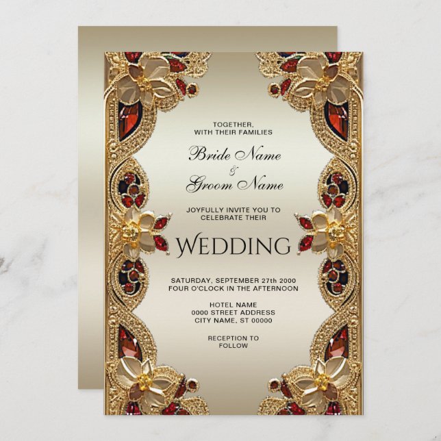 Invitation Fleurs d'or Mariage en pierre rouge (Devant / Derrière)