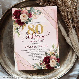 Invitation Fleurs d'or Merlot Boho Whimsical 80e anniversaire