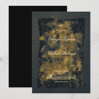 Invitation Fleurs d'or noir, Aquarelle papier texturé Mariage