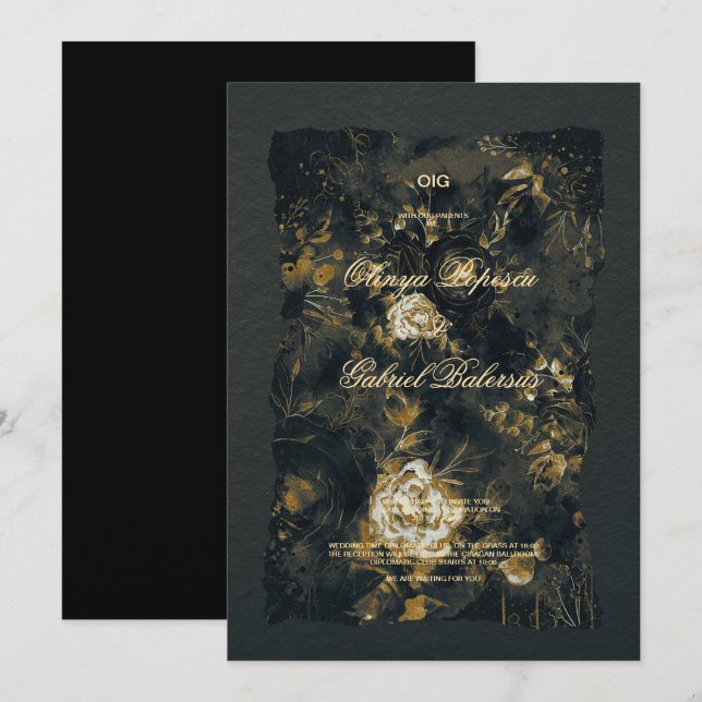 Invitation Fleurs d'or noir, Aquarelle papier texturé Mariage (Devant / Derrière)