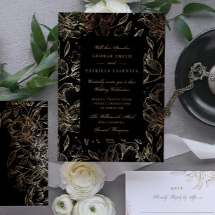 Invitation Fleurs d'or noir Main dessinée mariage élégant