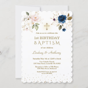 Invitation Fleurs d'or rose bleu Jumeaux 1er anniversaire Bap