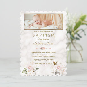 Invitation Fleurs d'or rose de luxe Marble Girl Photo Baptême