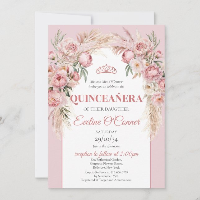 Invitation fleurs d'or rose pampas herbe boho Quinceañera (Devant)