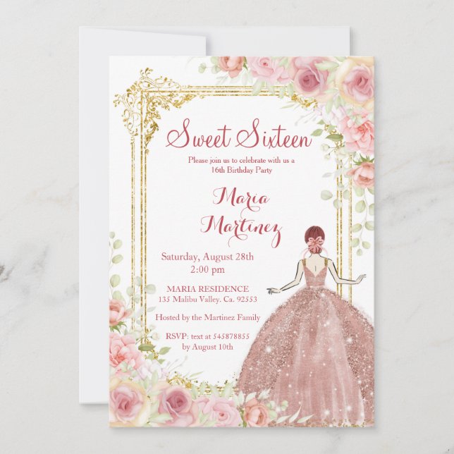 Invitation Fleurs d'or rose Parties scintillant d'or Blush ro (Devant)
