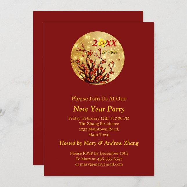 Invitation Fleurs d'or rouge Joyeux Nouvel An chinois 20XX (Devant / Derrière)