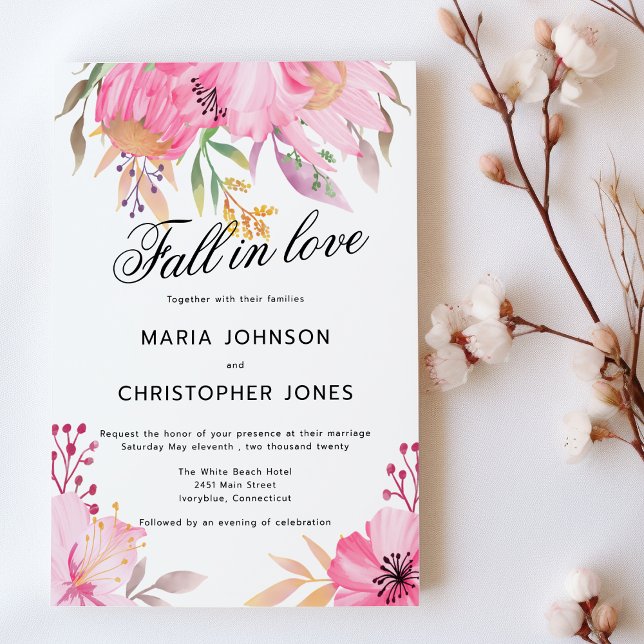 Invitation Fleurs d'orange rose botanique Chute en amour Mari (Botanic pink orange flowers Fall in Love Wedding )