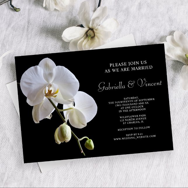 Invitation Fleurs d'orchidées blanches sur Mariage noir (Set an elegant tone for your marriage ceremony with the White Orchid on Black Wedding Invitation.)