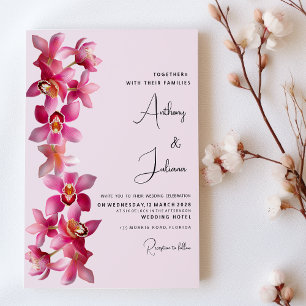 Invitation Fleurs d'orchidées roses bordeaux Mariage Botaniqu