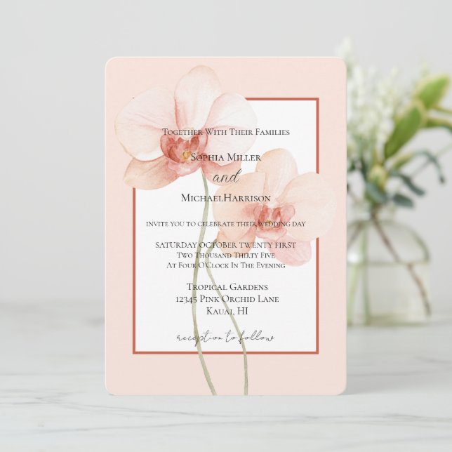 Invitation Fleurs d'orchidées roses tropicales Mariage (Debout devant)