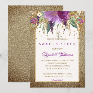 Invitation Fleurs dorées Améthyste scintillante Sweet Sixteen