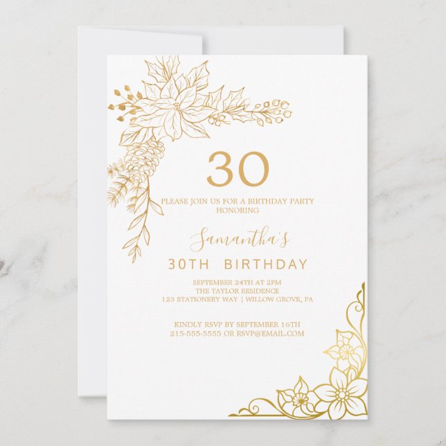 Invitation Fleurs Dorées | Crème et Or 30e Anniversaire (Devant)