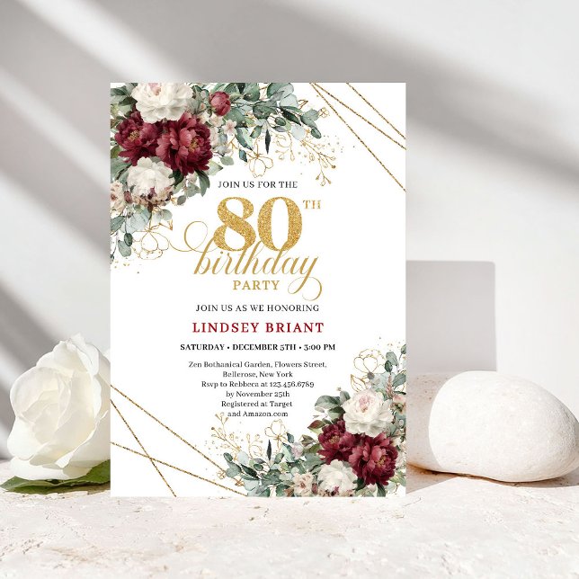 Invitation Fleurs dorées de Bourgogne romantiques pour 80e an (Romantic Burgundy Gold Flowers 80th Birthday)